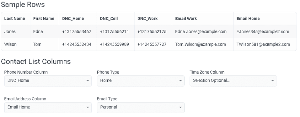 Displays the Sample Rows and Contact List Columns sectiions