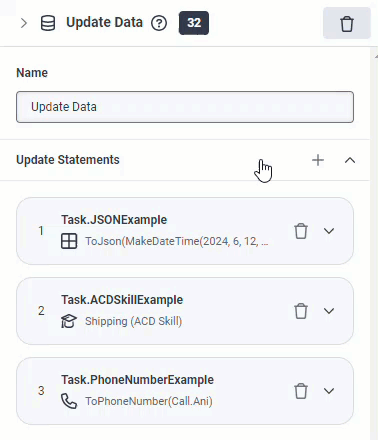 Move cards in the Update Data action