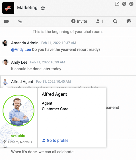 A chat room that shows a contact card