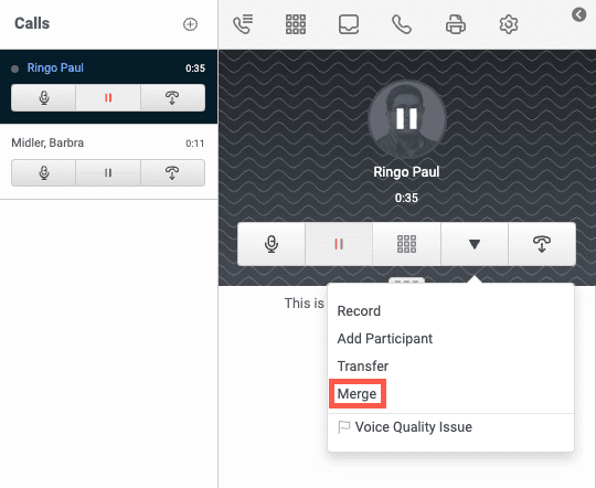 The Genesys Cloud window that demonstrates how to merge two calls
