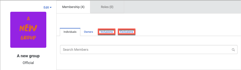 The static group membership tab with the Inclusions and Exclusions tabs in boxes