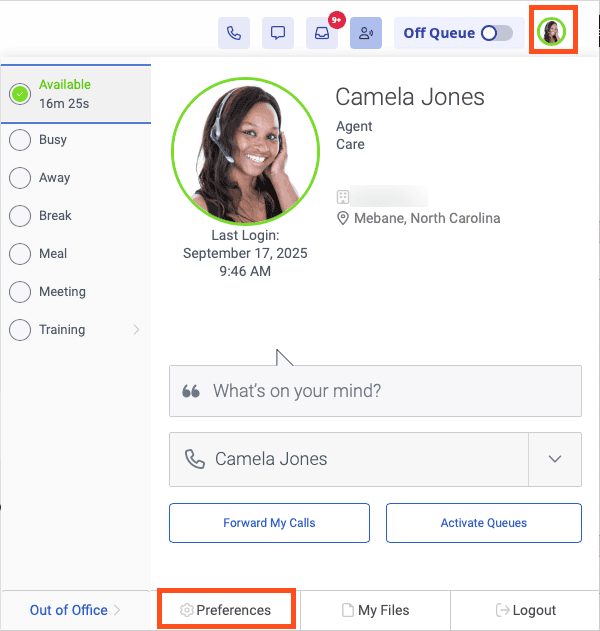 Genesys Cloud user settings with Preferences in a box