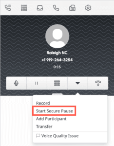 The calls panel with More expanded and Start Secure Pause in an orange callout