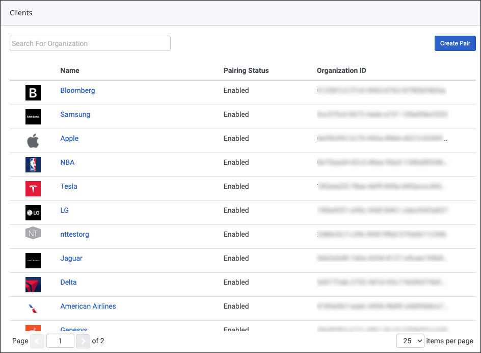 This image is a screenshot of the Clients list in Genesys Cloud.