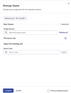 This image is a screenshot of the Reassign queue dialog screen in Genesys Cloud people and permissions.