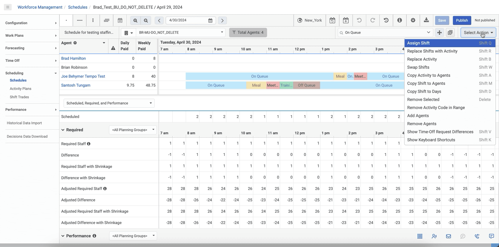 Action menu on the schedule editor displays the list of actions you can perform.