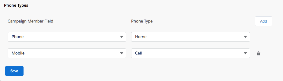 Select phone number fields and phone types
