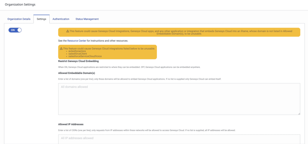 Click to enlarge. This image is a screenshot of the organization settings that shows the restricted Genesys Cloud embedding.