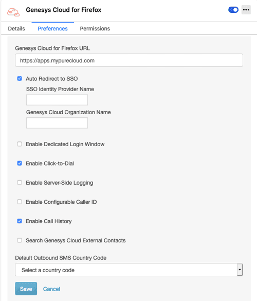 Settings for Genesys Cloud for Firefox