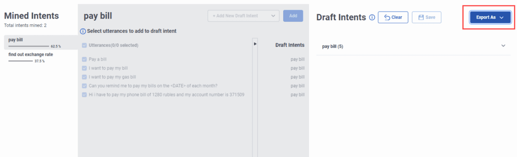 Export mined intents