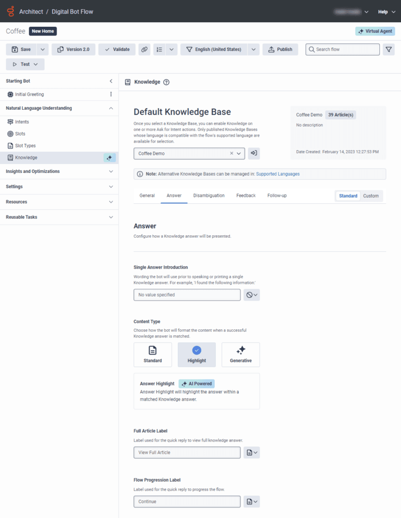 Answer tab with Virtual Agent