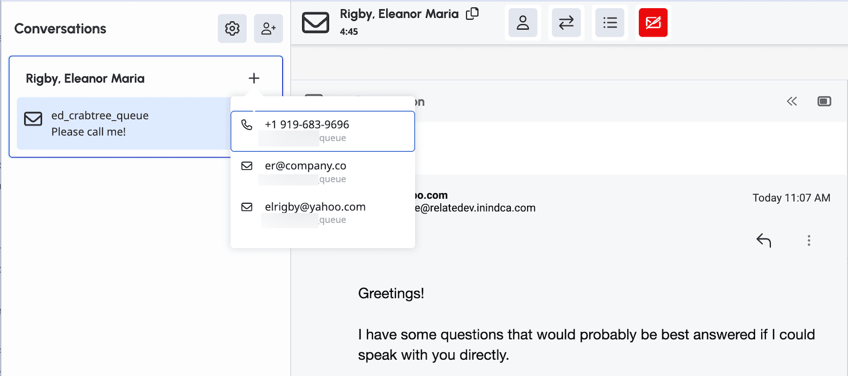 Interaction that shows an agent switching from email to a call at a customer's request
