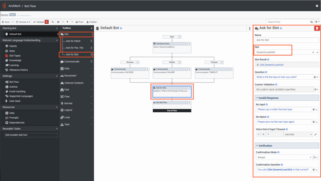 dynamic slot in an Ask for Slot action within the call flow