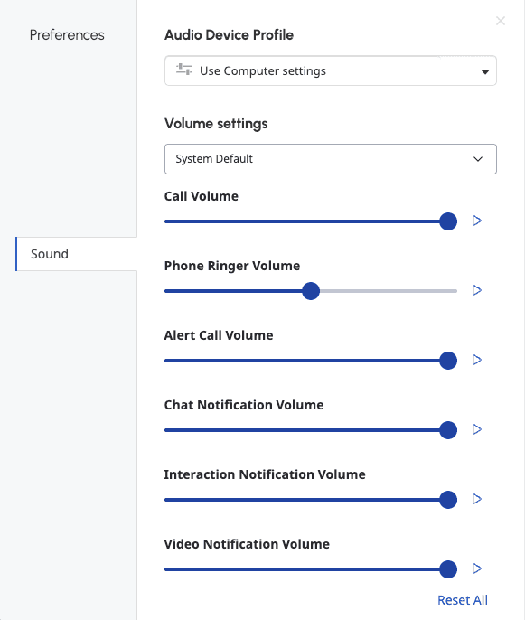 The Sound preferences panel that shows the Audio Device Profile list, Volume settings, Ringtones, and Advanced Mic Settings