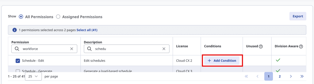Screenshot showing condition option in permissions.