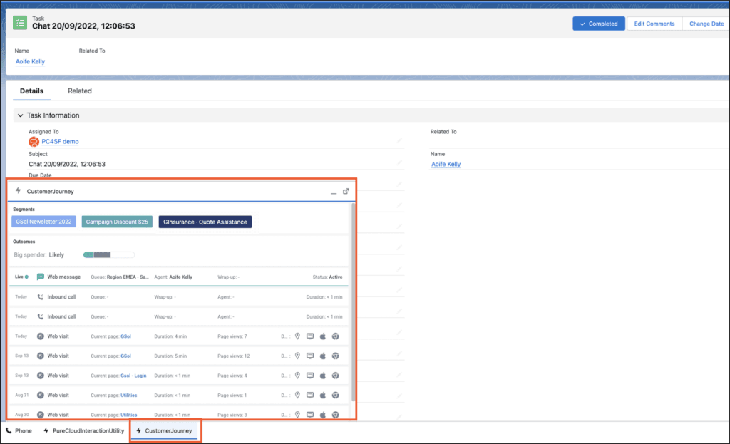 This image is a screenshot of the customer journey window displayed as a utility bar in the Salesforce UI.