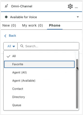 The phone book list in the Omni-Channel in Salesforce Service Cloud Voice console