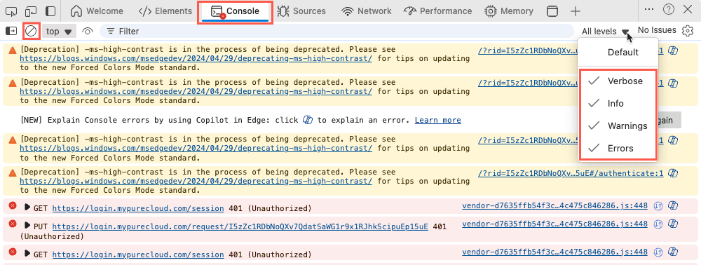 Options on the Microsoft Edge console