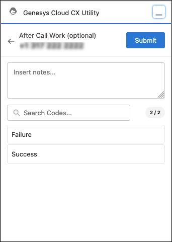 This image is a screenshot of after call work in Genesys Cloud CX utility.