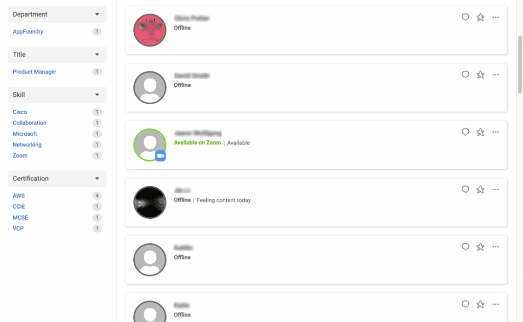 This image is a screenshot of the Genesys Cloud directory showing the user with zoom presence.