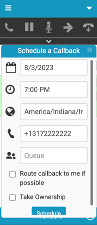 The image is a screenshot of the Schedule Callback window that shows the selection of queue option.