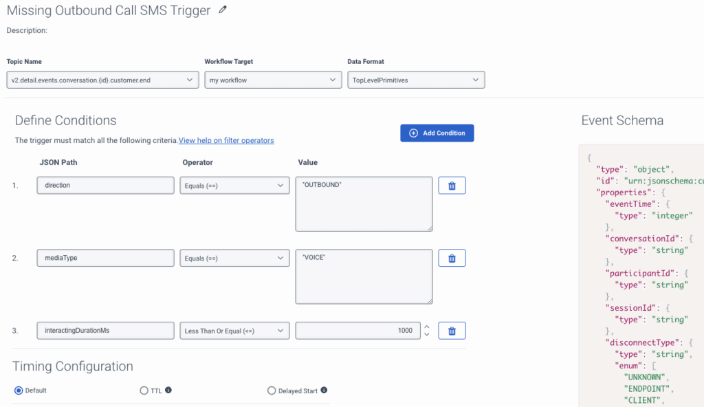 This image is a screenshot of a trigger example to send an SMS for a missed call.