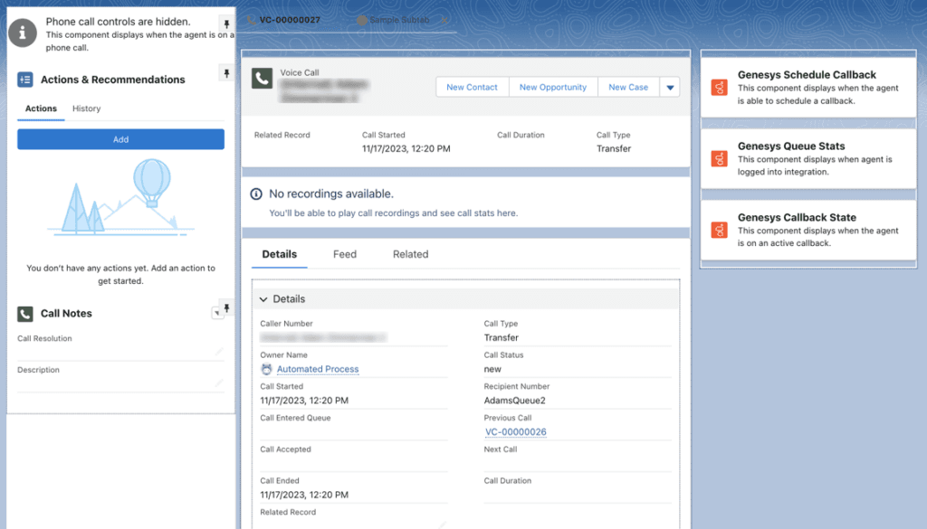 This image is a screenshot of the voice call record page in Salesforce.