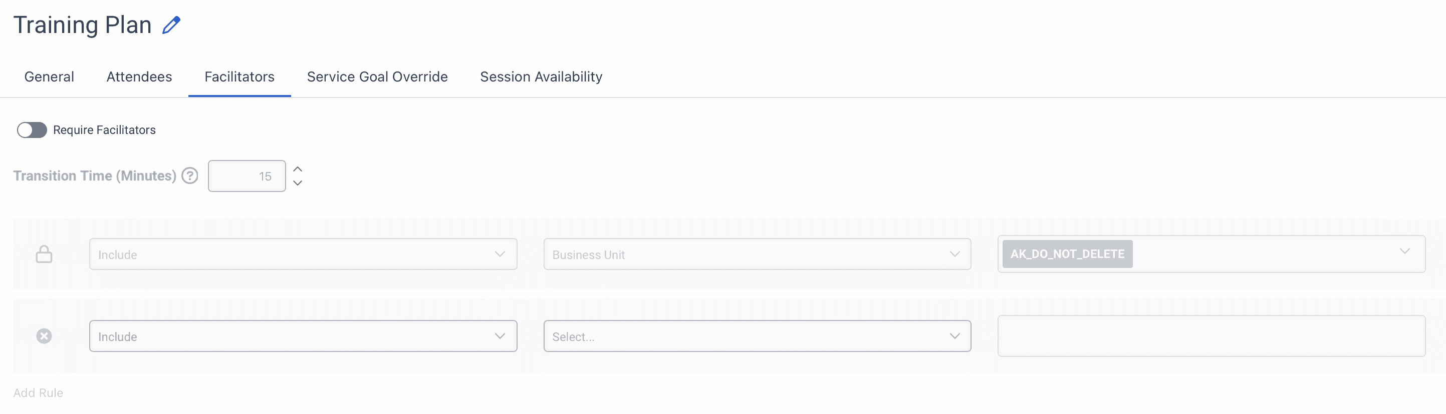 The Facilitators tab that displays the trainers available for selection