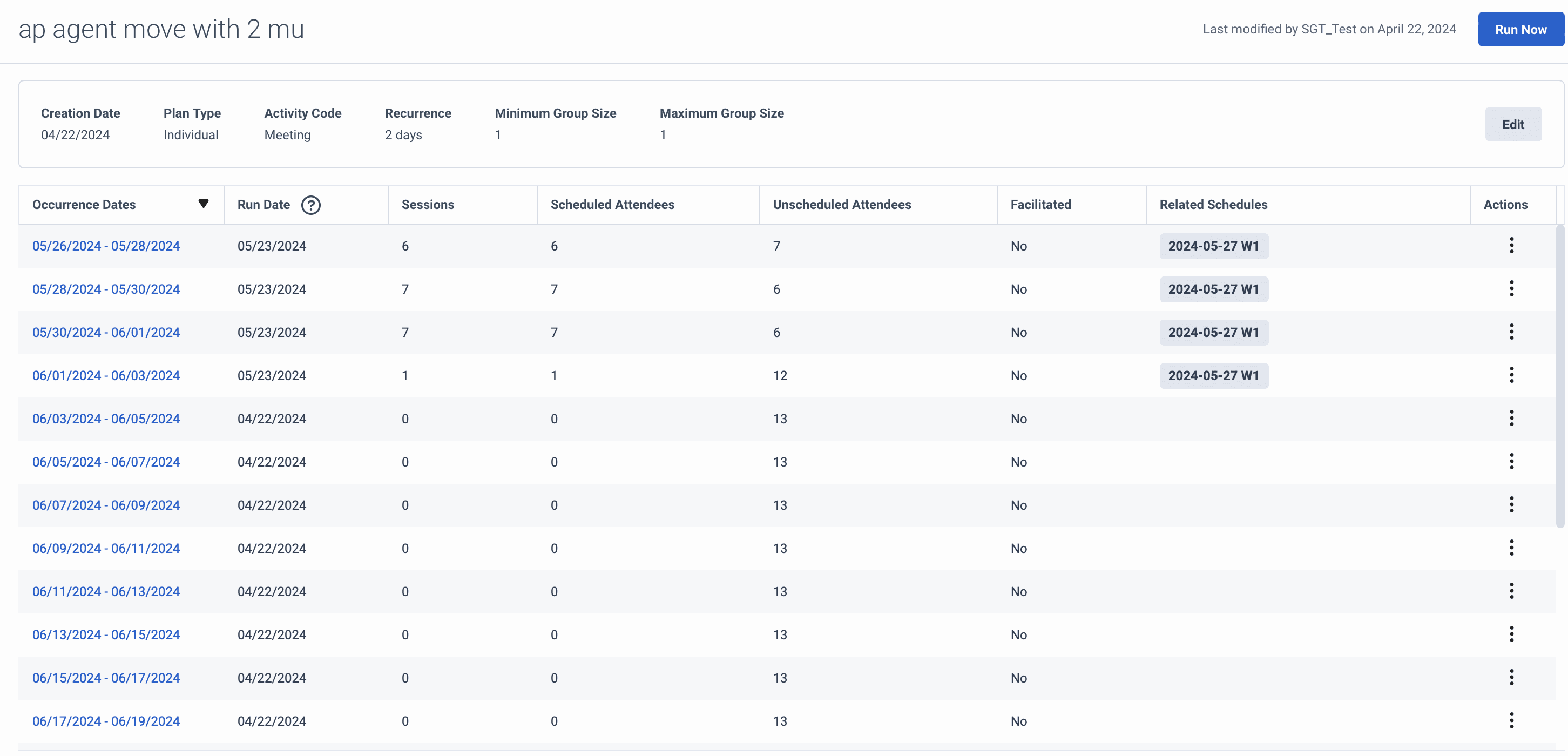 The Activity plans page that displays the schedules and the run now button