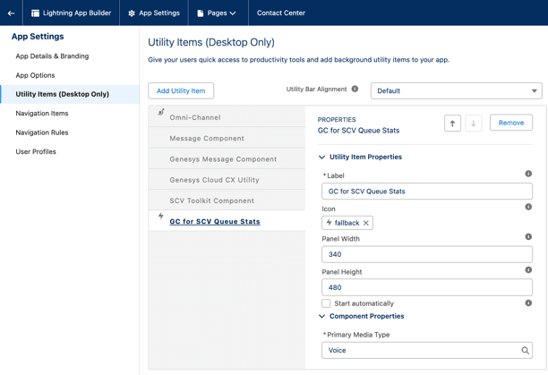 This image is a screenshot of the Lightning app builder with the queue stats component added as a utility item.