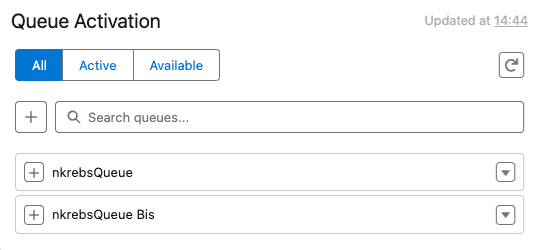 This image is a screenshot of the queue activation and stats component.