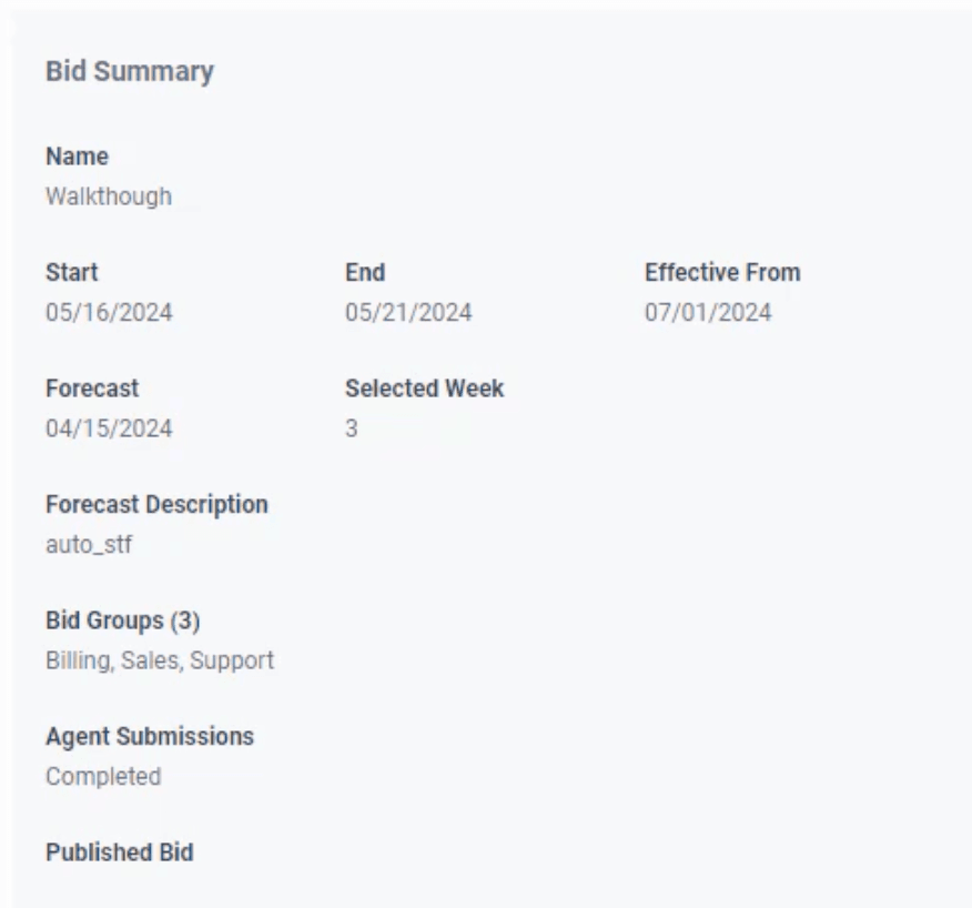 This section displays the overrall summary of the bid.