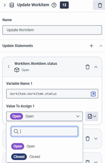 Update Workitem action variable for status
