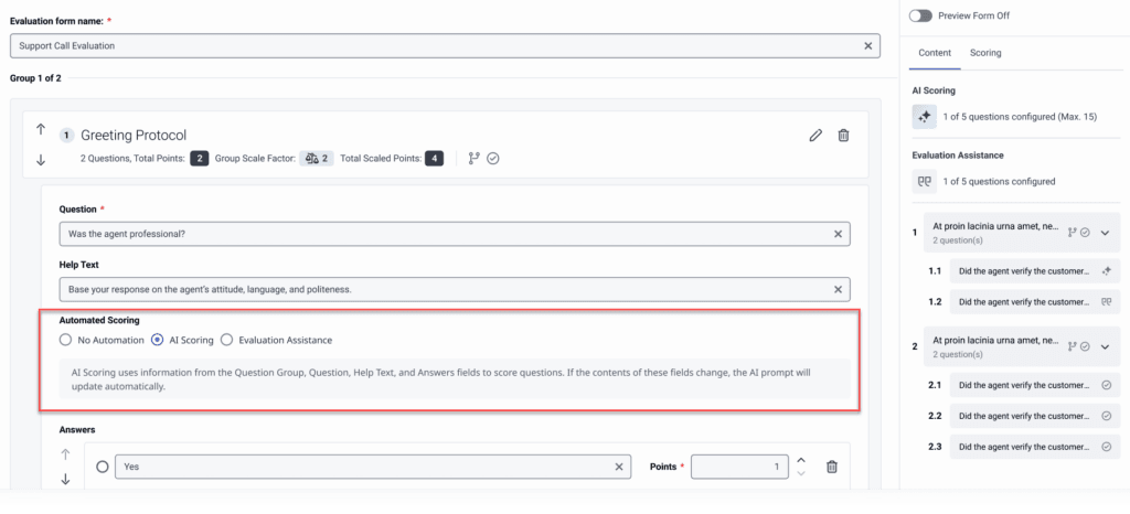 Choose automated scoring for an evaluation question