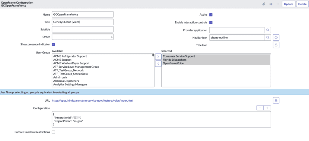 This image is a screenshot of the OpenFrame configuration in ServiceNow.