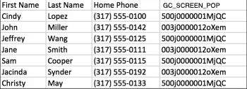 This image is a screenshot of the GC_SCREEN_POP outbound dialing values.