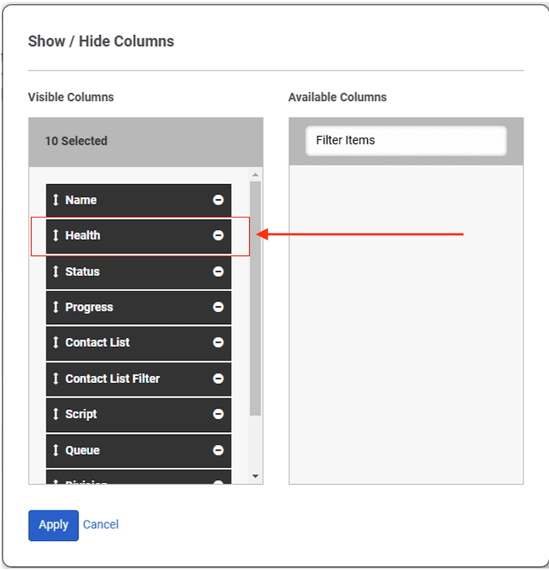 New show/hide health column option