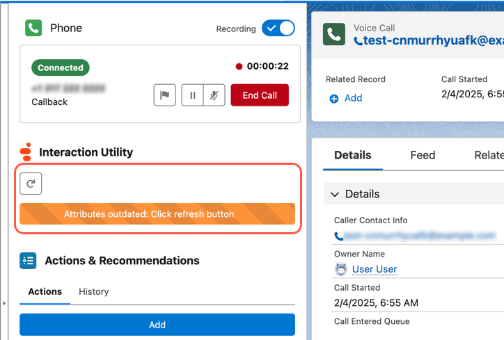 This image is a screenshot of the Interaction Utility component in the Voice Call record page in Salesforce.