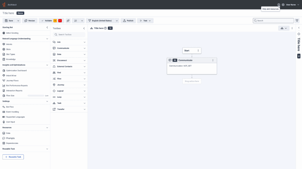 Access to both the Resource Center help page, and the Expression help page using a question mark option in the top bar