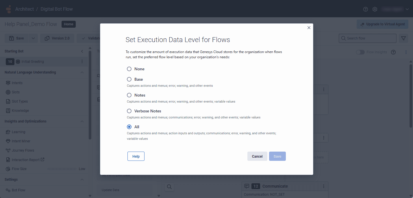Set Execution Data Level for Flows window in Architect