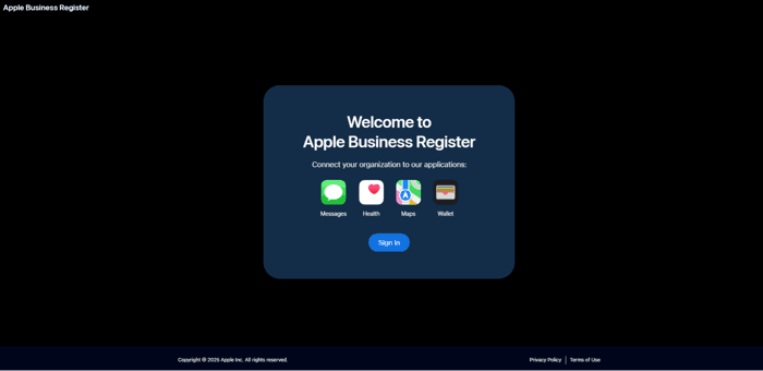 Displays the Apple Business Register Sign In page