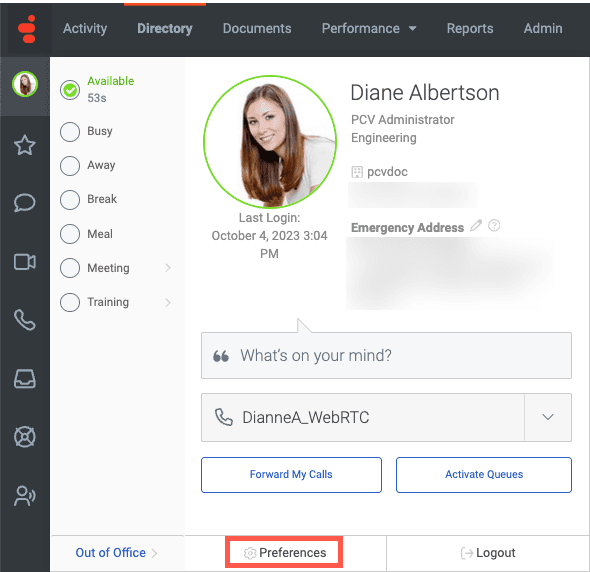 User settings panel with Preferences in a box