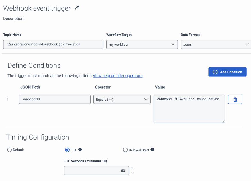 This image is a screenshot of the trigger created for Webhook for Events integration in Genesys Cloud.