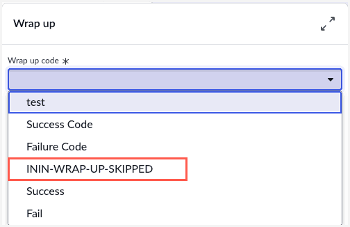 This image is a screenshot of the wrap up module with the codes fetched from Genesys Cloud.