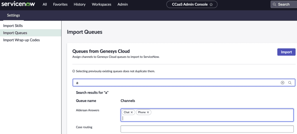 This image is a screenshot of the Import Queues option in ServiceNow with Genesys Cloud as the contact center provider.