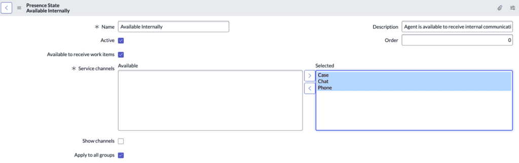 This image is a screenshot of the presence state in ServiceNow UI that shows the service channels added to it.