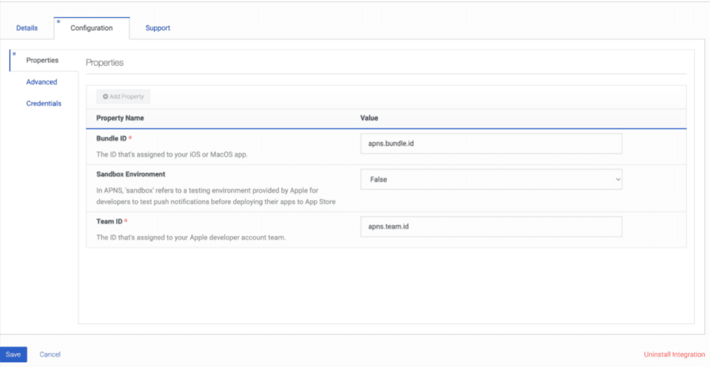 Displays the iOS configuration for the integration