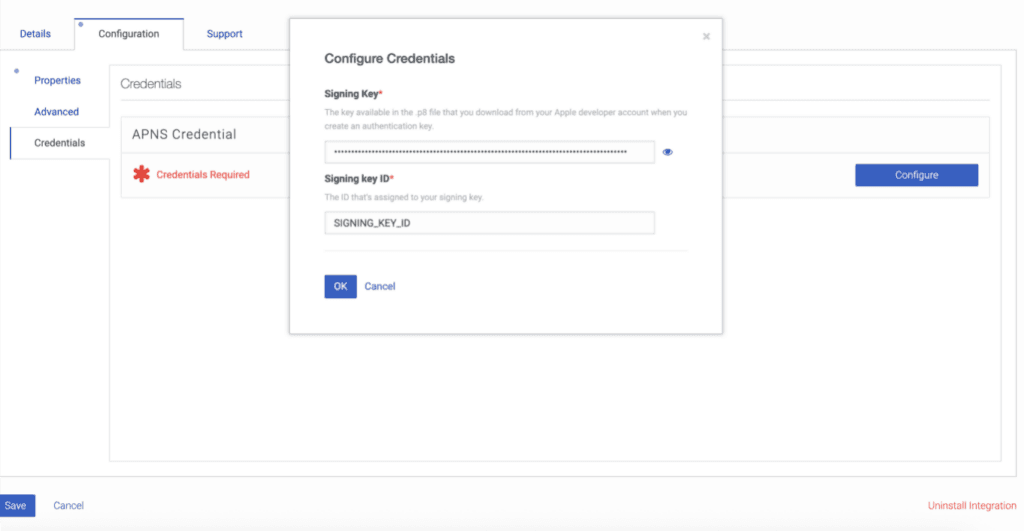 Displays the iOS configuration for the integration