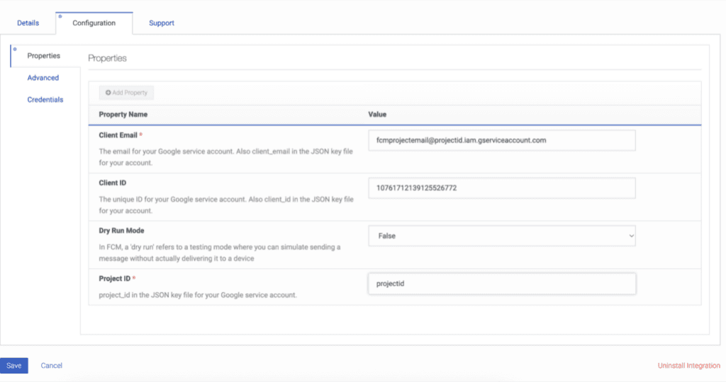 Displays the android configuration for the integration
