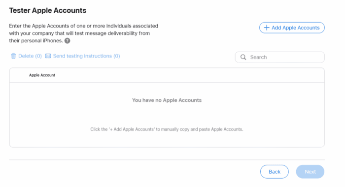 Displays the tester apple accounts page in which you can add new apple accounts